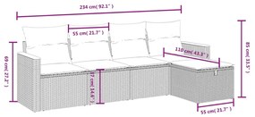 5 pcs conjunto sofás de jardim c/ almofadões vime PE cinzento