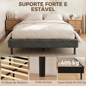Cama Estofada 144x195 cm com Revestimento em Chenille Estrado de Ripas em Madeira Pés em Aço Montagem Fácil 400 kg Cinza