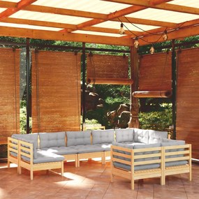 vidaXL 9 pcs conjunto lounge de jardim + almofadões cinza pinho maciço