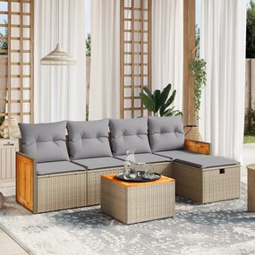 6 pcs conj. sofás jardim c/ almofadões vime PE bege misturado