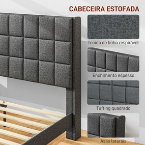 Estrutura de Cama de Casal "Lúmina" - 135x190 cm - Linho e Madeira - C