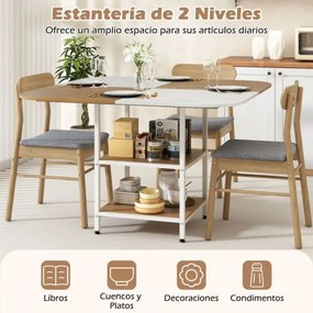 Mesa de jantar moderna quadrada 120 x 120 x 77 cm com tampo multicolorido e prateleira de 2 níveis, pernas ajustáveis em café e branco