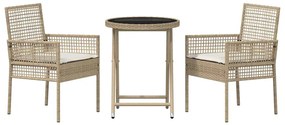 Conjunto de Bistro de Jardim 3 Peças com Almofadas Bege em Rattan Poli