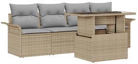 Conjunto de Sofá de Jardim de 5 Peças com Almofadas Bege de Rattan vid