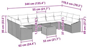 Conjunto de Sofás de Jardim de 11 Peças com Almofadas Cinza Rattan Sin