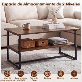 Mesa de Centro Industrial, 85 x 60 x 47 cm, Estante Inferior de Armazenamento, Castanho rústico + Preto