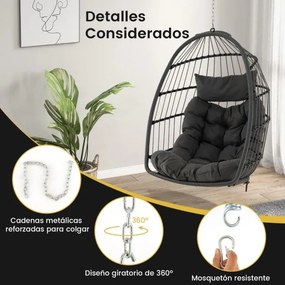 Cadeira suspensa em forma de ovo com almofada para a cabeça, almofada para o assento, cesto de vime, design dobrável, carga máxima 150 kg, 77,5 x 74 x
