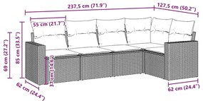 5 pcs conjunto sofás p/ jardim c/ almofadões vime PE castanho