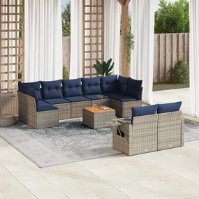 vidaXL 10 pcs conjunto sofás p/ jardim c/ almofadões vime PE cinzento