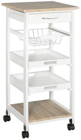 HOMCOM Carrinho de Cozinha Salvaespaço Madeira de Pinho e MDF Carrinho Organizador Gaveta Cesto 2 Bandejas e Rodas 37x37x82 cm Branco | Aosom Portugal