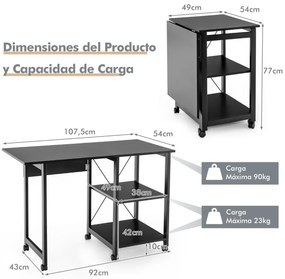 Secretária de computador moderna dobrável com 2 prateleiras compactas com rodas para escritório em casa escritório pequeno 107,5 x 54 x 77 cm Preto