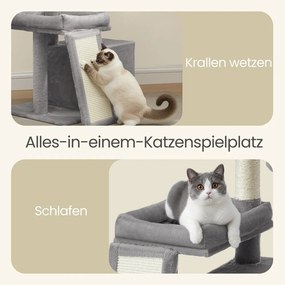 Arranhador para gatos com caverna 92,5 x 58,9 x 85,8 cm, árvore para gatos com rampa e cesto, 2 plataformas grandes cinzento claro