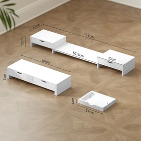 Suporte elevatório para monitor de computador de secretária, 60-116 C x 22 L x 12 A cm, com 2 gavetas, comprimento e ângulo ajustáveis branco