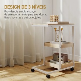 Mesa Auxiliar em Forma de C com Rodas Prateleiras Abertas e Estrutura em Aço para Sala ou Quarto 51x33x66 cm Madeira e Branco