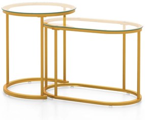 Conjunto de 2 mesas de centro com tampo de vidro temperado Mesas de apoio com estrutura metálica robusta para a sala de estar Quarto Dourado