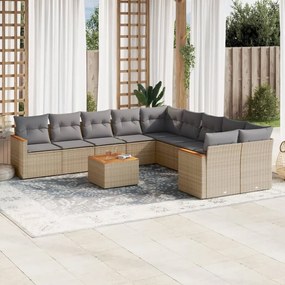 11 pcs conjunto sofás de jardim c/ almofadões vime PE bege