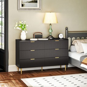 Cómoda de 6 gavetas, móvel de arrumação moderno para quarto com puxadores e pés dourados, 120 x 40 x 76,5 cm, preto