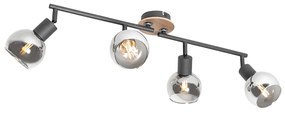 Candeeiro de teto preto com vidro fumê e madeira 4 luzes - Vidro Moderno