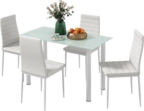 Conjunto de mesa de jantar com 4 cadeiras, tampo em vidro temperado, pés em aço, para cozinha e sala de estar, branco