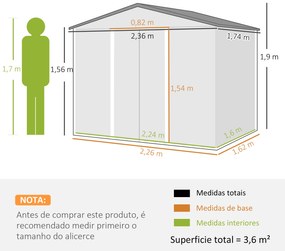 Abrigo de Jardim de 3,6 m² 236x174x190 cm para Armazenamento de Ferramentas com Portas de Correr e 4 Janelas de Ventilação Cinza