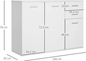 Armário Aparador amplo espaço de Armazenamento para sala de jantar com portas e gavetas 106x35x76cm Branco