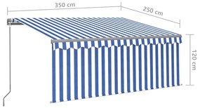 Toldo retrátil manual com estore/LED 3,5x2,5 m azul e branco