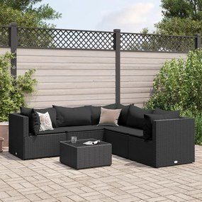 6 pcs conjunto lounge de jardim c/ almofadões vime PE preto