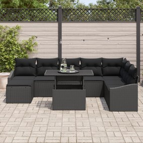Conjunto de Sofá de Jardim de 9 Peças com Almofadas Preto em Rattan Si