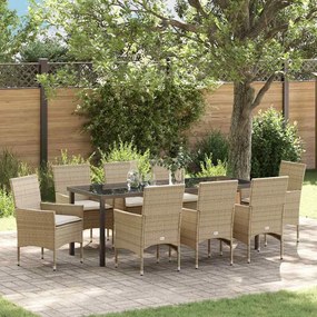 vidaXL Set de Jantar para Jardim com 9 Peças e Almofadas Bege em Rattan Sintético