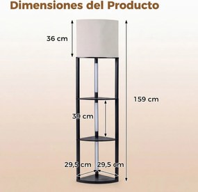 Candeeiro de pé moderno com prateleiras de 3 níveis Luzes LED reguláveis Abajur de linho Interruptor de pé para sala de estar ou quarto Preto