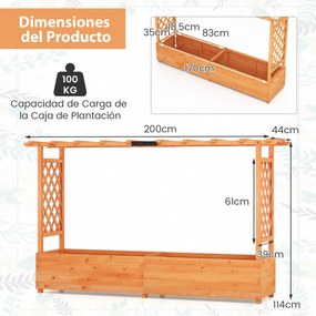 Floreira elevada de madeira com treliça em arco com Furo de drenagem Contentor para pátio 200 x 114 cm Laranja