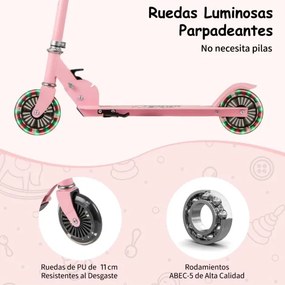 Trotinete dobrável para crianças com 2 rodas intermitentes Guiador ajustável Sistema de travão traseiro com apoios para os pés para crianças a partir