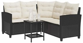 Sofá de jardim em forma de L c/ mesa e almofadões vime PE preto