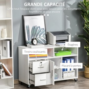 Suporte para impressora com 2 gavetas 100 x 35 x 65 cm, móvel de arrumação com rodas, prateleiras abertas e armário, branco