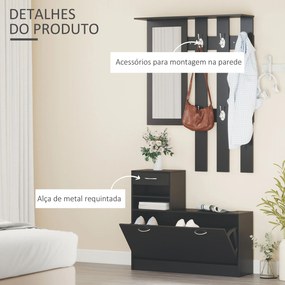 Móvel Cabide de Entrada  com Espelho Cabide e Sapateira Móveis de Entrada de 2 Peças com 6 Ganchos Preto
