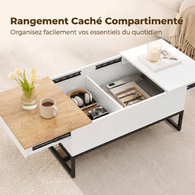 Mesa de centro extensível com tampo deslizante 100 x 50 x 45 cm, mesa de sala com arrumação oculta e pés em aço, branca