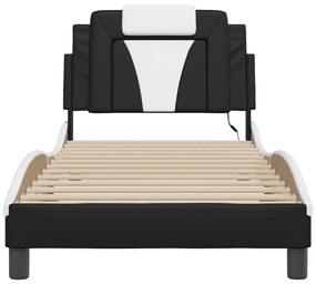 Estrutura cama c/ luzes LED 90x200 cm couro artif. preto/branco