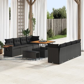 vidaXL Conjunto de Sofás de Jardim de 11 Peças com Almofadas Preto Vime Sintético Acácia