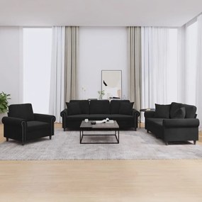 3 pcs conjunto de sofás com almofadas veludo preto