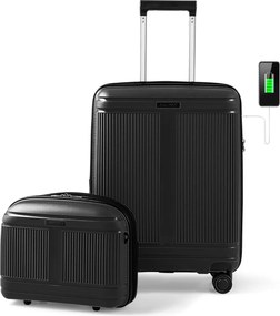Conjunto 2 Malas de Viagem: mala de mão de 20“ e estojo cosmético de 14” com porta USB. Estrutura em PP com fechadura Preta