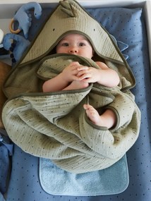 Agora -20% | Capa de banho + luva de banho para bebé, em gaze de algodão, tema Pequeno Dinossauro verde medio liso com motivo