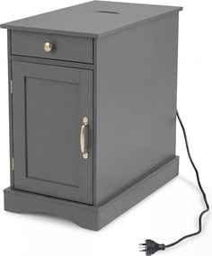 Mesa de cabeceira, mesa de apoio 35 x 60 x 62 cm com estação de carregamento com gaveta, armário e estante ajustável cinza