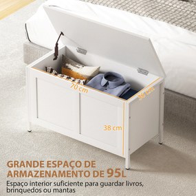 Baú de Armazenamento 95L Baú de Arrumação com Tampa Banco de Armazenamento com Dobradiça de Segurança 80x40x50 cm Branco
