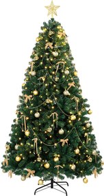 Árvore de Natal Decorativa 180 cm com 240 LED, 755 Pontas Ignífugas, Estrela, 30 Bolas, 18 Laços e Decoração Dourada, Verde