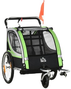 HOMCOM Reboque de Bicicleta para Crianças acima de 18 Meses 2 em 1 Carrinho de Passeio de 2 Lugares 142x75x101cm Verde | Aosom Portugal