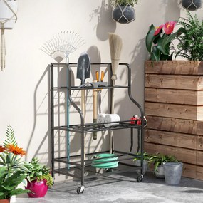 Organizador de ferramentas de jardim, suporte para ferramentas de jardim com 54 compartimentos, 5 ganchos de aço, sobre rodas, 3 níveis, preto