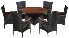 vidaXL 7 pcs conjunto jantar exterior vime PE e madeira acácia preto