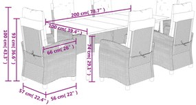 7 pcs conjunto de jantar p/ jardim c/ almofadões vime PE preto