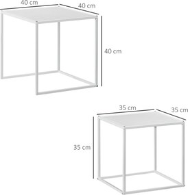 Conjunto de 2 Mesas Mesas de Centro Quadradas para Sala de Estar Estrutura de Aço Grande 40 cm Pequena 35 cm Branco