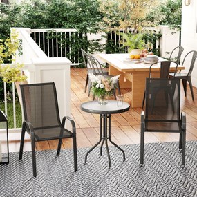 Conjunto de Mesa e Cadeiras de Jardim de 3 Peças Móveis de Jardim com Cadeiras Empilháveis e Bancada de Vidro Preto